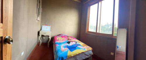 a small room with a bed with a mermaid on it at Alquiler Casa Campo Ica in Ronceros Bajo