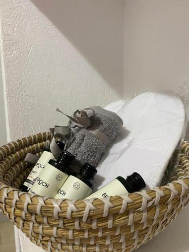 a basket with two cameras and towels in it at Alexandra Studios in Néos Pírgos