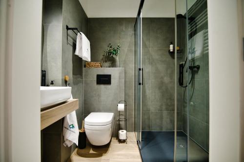 La salle de bains est pourvue d'une douche, de toilettes et d'un lavabo. dans l'établissement Apartamenty Laguna Beskidów - A67, à Zarzecze