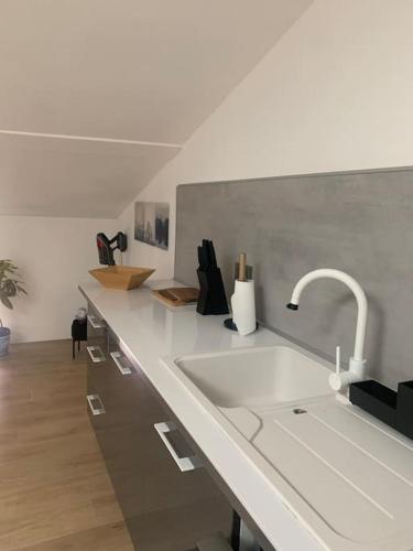 - un comptoir de cuisine avec un évier et un robinet dans l'établissement Magnifique appartement T2 en Centre VILLAGE, à Saverdun