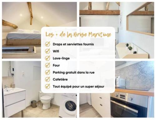 un collage de fotos de un baño con lavabo y cama en La Brise Maritime en Saint-Ay
