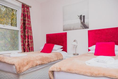 two beds in a white room with red accents at Beechwood Accommodation in North Leeds in Leeds