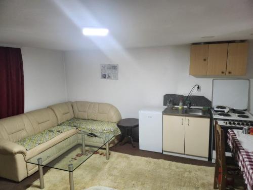 a living room with a couch and a kitchen at Kouca in Leskovac