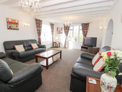 a living room with couches and a tv at Halcyon in Moelfre