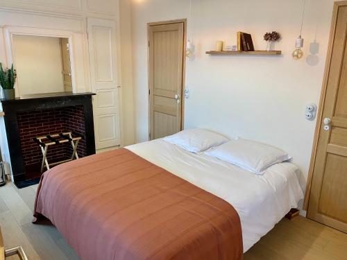 a bedroom with a large bed with a fireplace at LA PARCELLE in Lezennes
