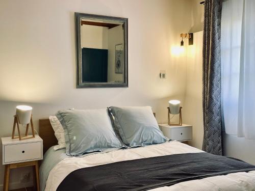 a bedroom with a bed with a mirror on the wall at Le Mas de Mirabel in Mirabel-aux-Baronnies