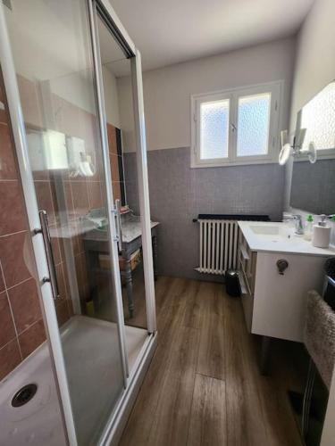 une salle de bain avec douche et lavabo dans l'établissement Grande maison en bord de mer, à Concarneau