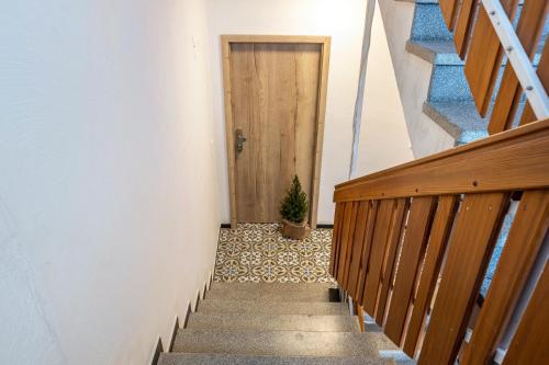 a stairway with a wooden door and a potted plant at Seeapartment Höri in Gaienhofen
