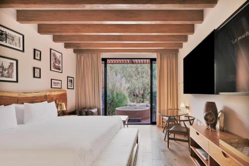 1 dormitorio con 1 cama grande y TV en Live Aqua San Miguel de Allende en San Miguel de Allende