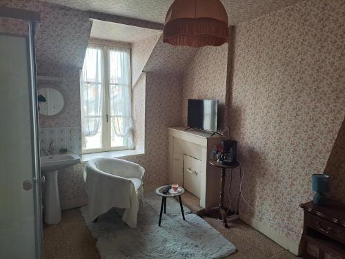 La salle de bains est pourvue d'un lavabo, d'une chaise et d'une télévision. dans l'établissement cosy vintage room, à Châteauroux