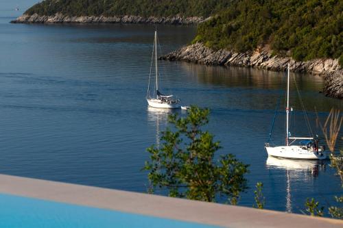 dois barcos sentados na água ao lado de uma ilha em Villa Kalamos - Modern Villa in Sivota Bay with Direct Access to Sea em Syvota