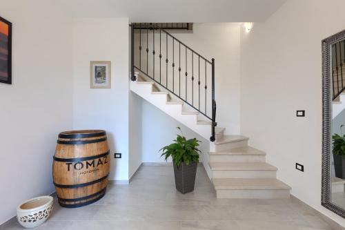 a room with a staircase and a barrel and a plant at Villa Pietro Montona in Motovun