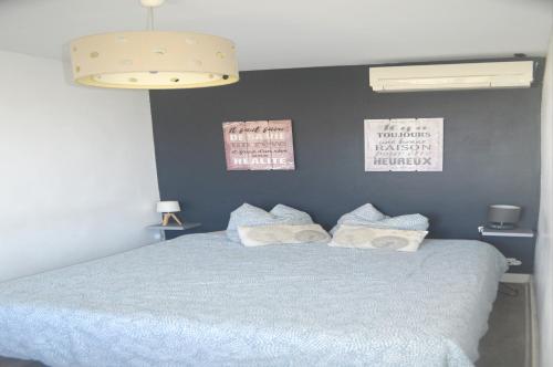 een slaapkamer met een blauw bed met 2 kussens bij La moliere de l opéra - Vieux Port in Marseille