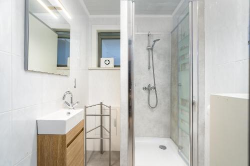W łazience znajduje się prysznic i umywalka. w obiekcie Casa Elise w mieście Westouter