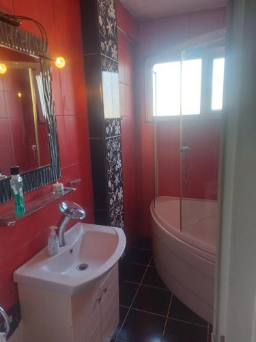 斯科普里的住宿－Hana's Luxury apartment，浴室配有盥洗盆、卫生间和浴缸。