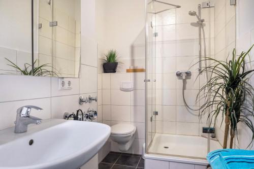 een badkamer met een wastafel, een toilet en een douche bij Ferienwohnung Kieler Altstadt in Kiel