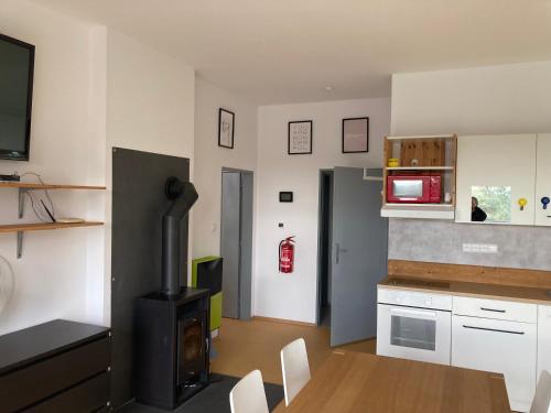 a living room with a stove and a kitchen at KuK Račice in Račice