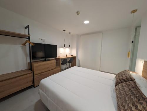 a bedroom with a white bed and a television at Gran Hotel Toledo in Onda