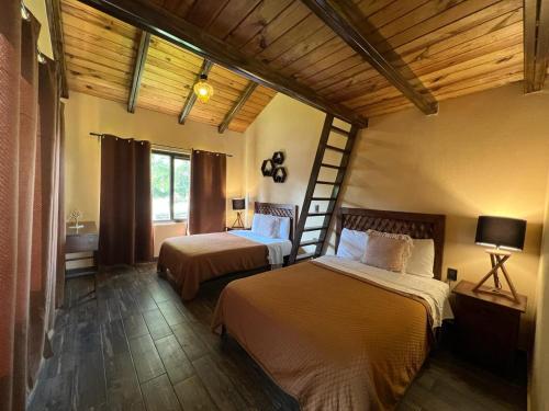 1 Schlafzimmer mit 2 Betten und einer Leiter in der Unterkunft Cabaña No.2 Puerta del Bosque Mazamitla. in Mazamitla