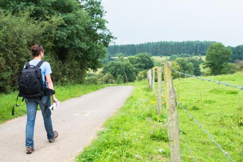 Un hombre con una mochila caminando por un camino de tierra en Camping la Colline en Virton