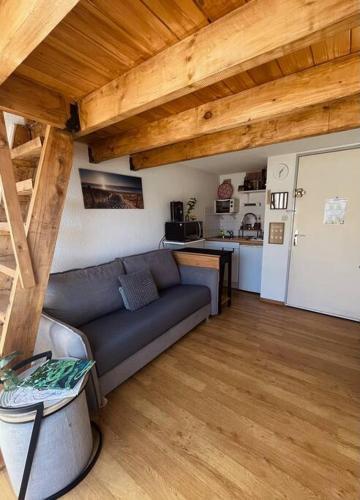 un salon avec un canapé et une cuisine dans l'établissement ''Ophélia 133'' Cosy studio climatisé avec balcon, à Sète