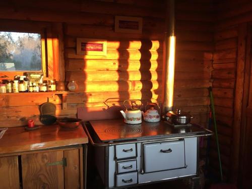 uma cozinha com um fogão numa cabina de madeira em Casa de Campo em Villarrica
