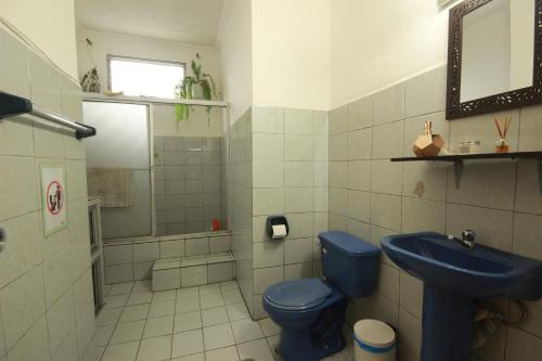 a bathroom with a blue toilet and a sink at Pachamac House in Guayaquil