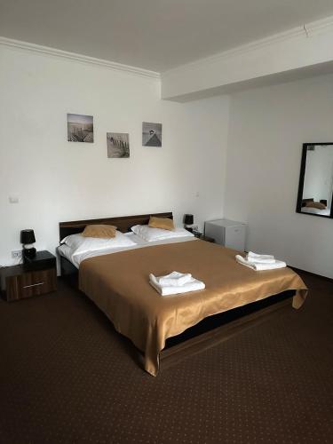 1 dormitorio con 1 cama grande y toallas. en Motel Potcoava de Aur, en Alexandria
