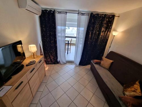 un salon avec un canapé et une télévision dans l'établissement Appartement Village Naturiste Electra, au Cap d'Agde