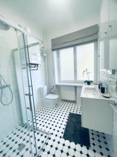 a bathroom with a shower and a toilet and a sink at Luxury Central Apartment Easy Kaunas in Kaunas