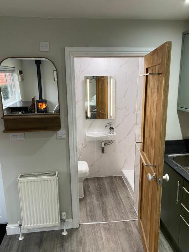 a bathroom with a toilet and a sink and a mirror at SPALDING - Self Contained Studio Double - An extra single bed can be provided in Lincolnshire