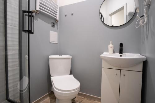 a bathroom with a toilet and a sink and a mirror at Revolution Aparts - Rewolucji 27 in Łódź