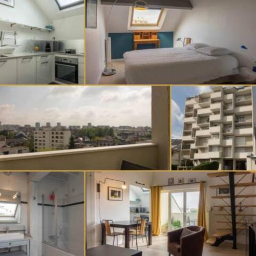 un collage de photos d'une chambre et d'un appartement dans l'établissement Le Duplex Ensoleillé du Parc * Parking * Balcon *, à Orléans