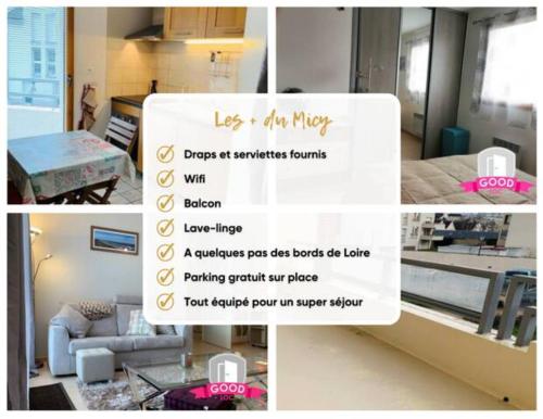 a collage of photos of a living room with a sign at Le Micy - joli T2 + Parking in Orléans