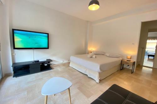 um quarto com uma cama e uma televisão de ecrã plano em 06BG - Studio 600m from the beach - private parking em Cagnes-sur-Mer