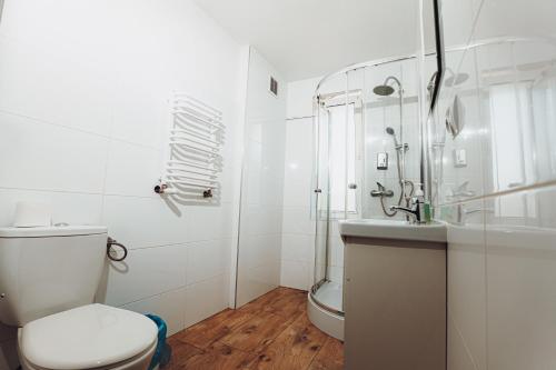 La salle de bains blanche est pourvue d'une douche et de toilettes. dans l'établissement Kalwados, à Radzymin