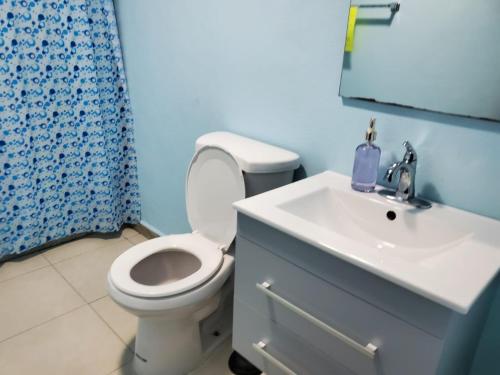a bathroom with a white toilet and a sink at CHIC Family-friendly home sleeps up to 12 People, Right Unit in Catano