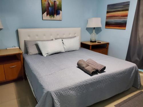 a bedroom with a bed with a pillow on it at CHIC Family-friendly home sleeps up to 12 People, Right Unit in Catano