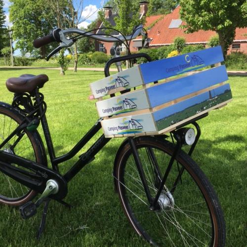 a bike with a stack of pizza boxes on it at Camping Pasveer in Loënga