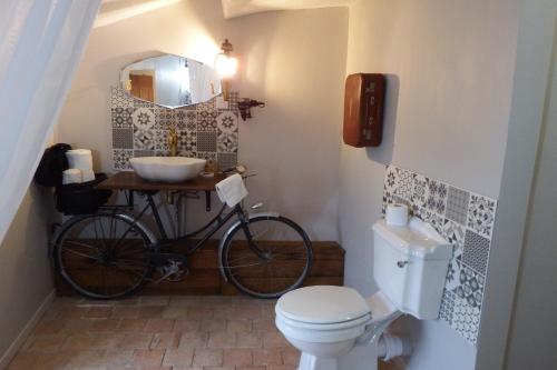 a bathroom with a bike parked next to a sink at Chez Florence et Sylvain de Loudun in Loudun