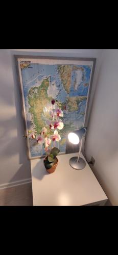 un bureau avec une lampe et une carte du monde dans l'établissement Capital city of Lego, Prime location! Room 01, à Billund