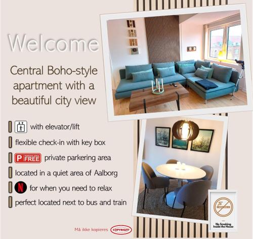 a flyer for a rental sofa style apartment with a beautiful city view at Central Nordic style apartment in Aalborg in Aalborg