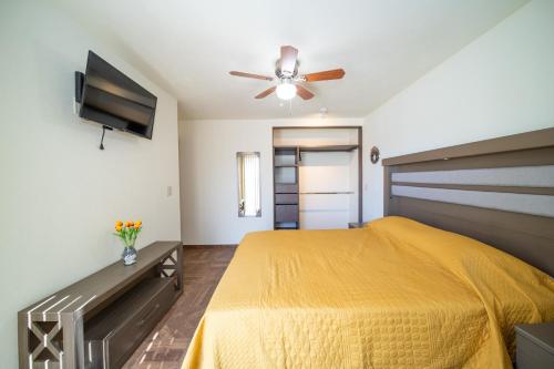 a bedroom with a bed and a ceiling fan at Apartamentos Posada Country in Guadalajara