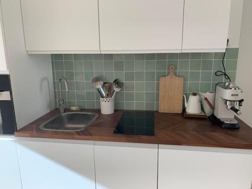 - un comptoir de cuisine avec un évier et un comptoir dans l'établissement Appartement centre ville avec terrasse, à Lille