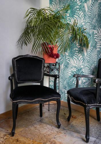 two chairs and a table with a plant in a room at Celenya Hôtel in Toulon