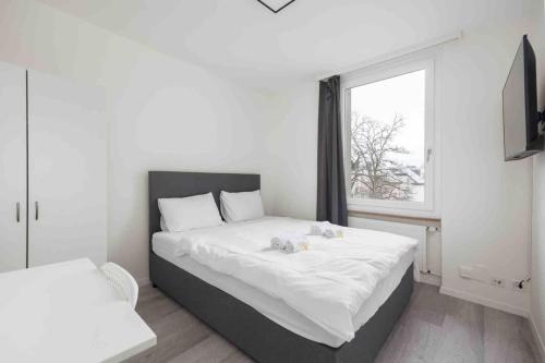 een slaapkamer met een groot bed en een raam bij Urban Oasis with Queen Bed and View BE-42 in Zürich