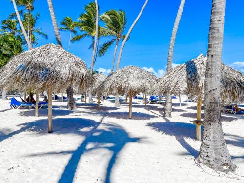 a group of straw huts on a beach with palm trees at OCEAN & GARDEN View WIFI BBQ Beach CLUB & SPA in Punta Cana
