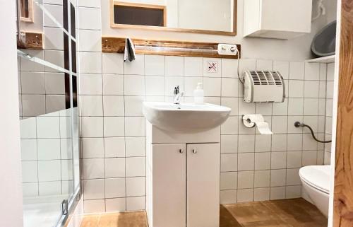 a small bathroom with a sink and a toilet at Dom KD KRUK in Łódź