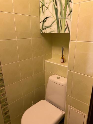 a bathroom with a toilet and a painting on the wall at 2 kambarių butas Alytuje in Alytus