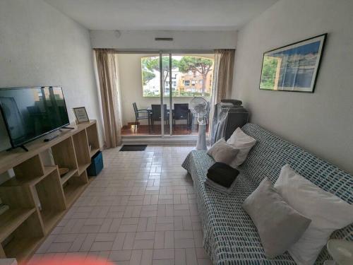 un salon avec un canapé et une télévision dans l'établissement CAP2 Studio 3p Parking Port Cap d'Agde, au Cap d'Agde